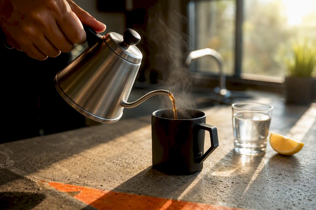Hand pouring black coffee into matte black mug