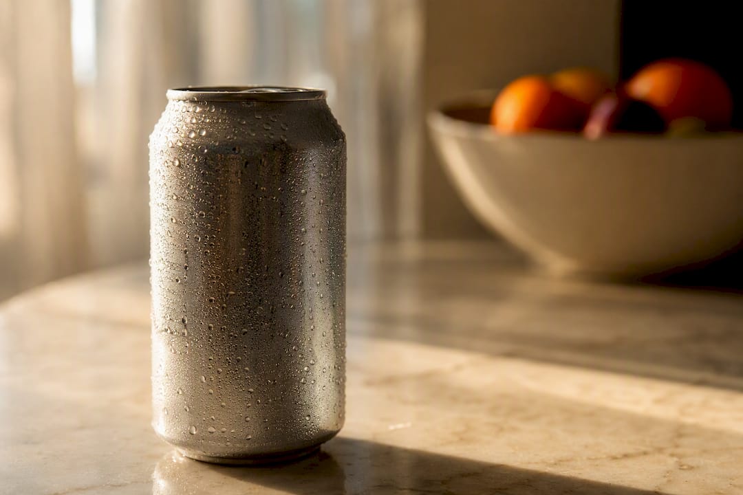 Condensation-covered can of diet soda on counter