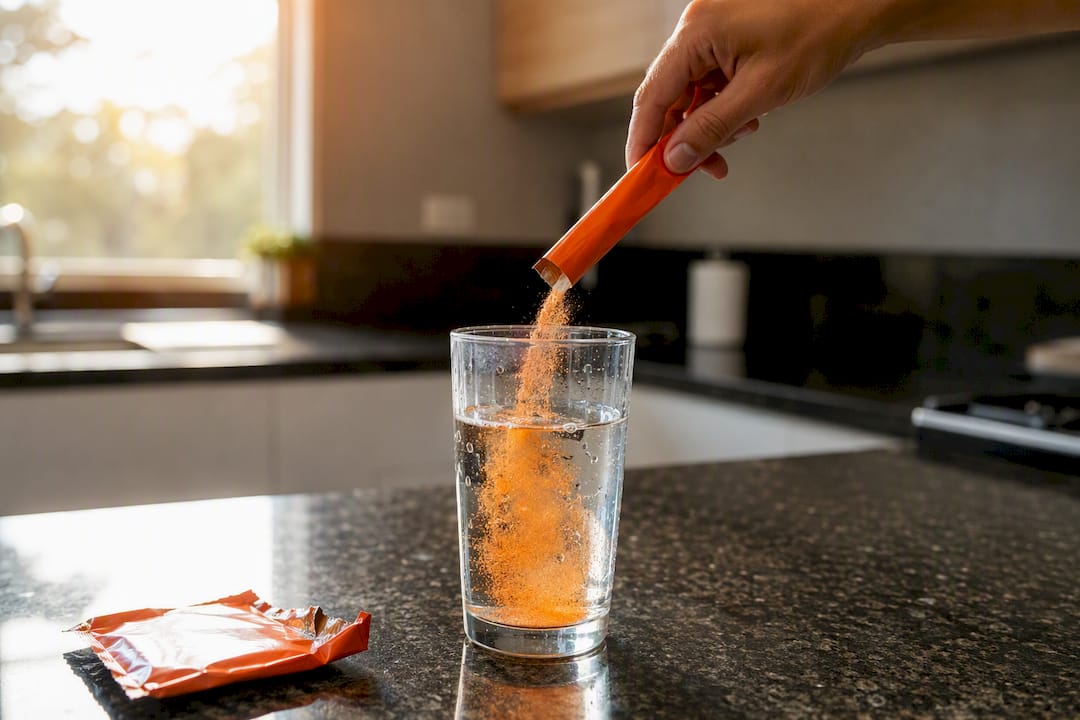 Pouring electrolyte powder into water glass