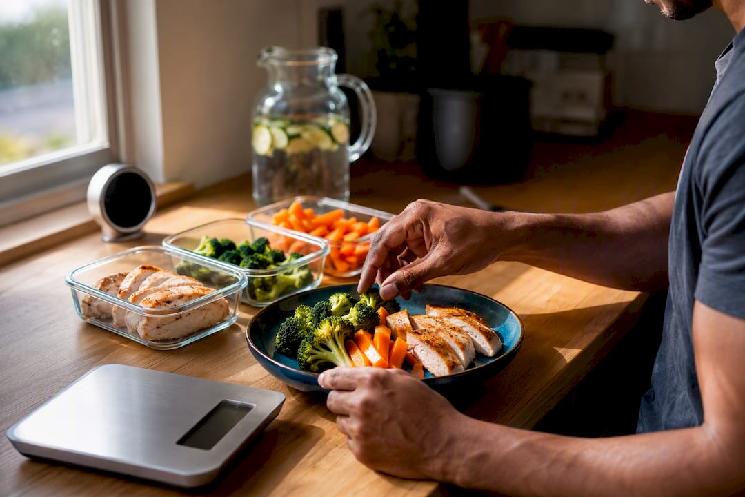 Hands plating measured meal in kitchen