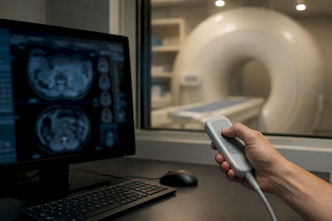 Hand operating MRI remote in clinical setting