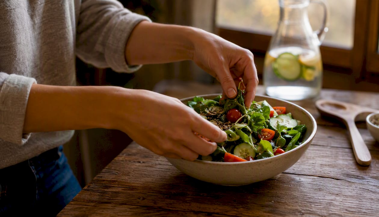 Hands plating balanced fasting meal