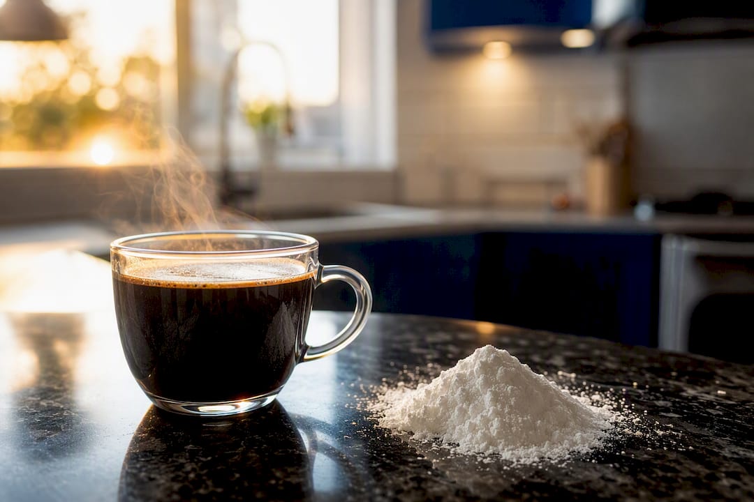 Black coffee beside creatine powder on counter