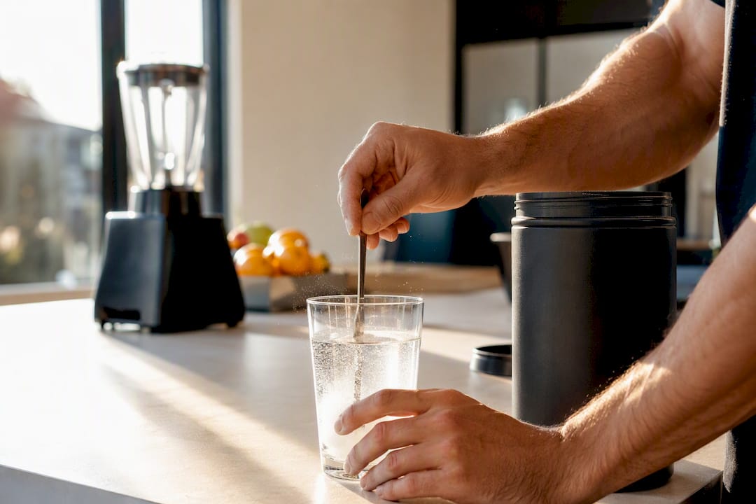 Hands mixing creatine powder in water glass