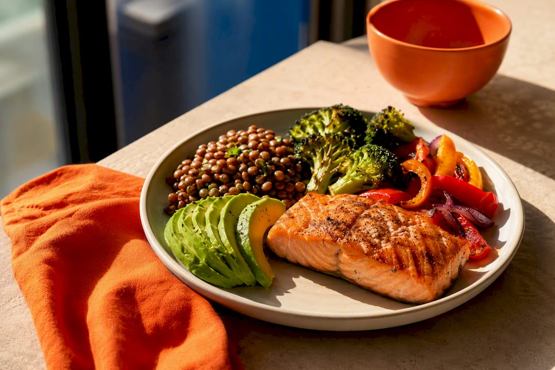 Protein-rich meal with fiber and healthy fats