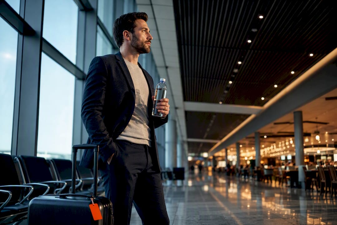 Traveler fasting at an airport gate
