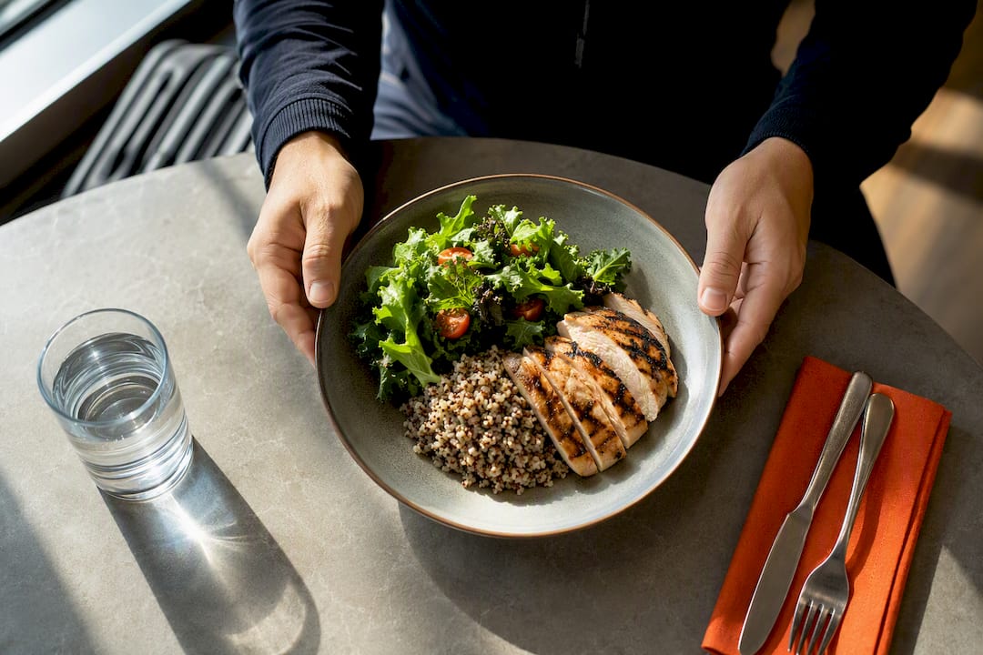 Protein-forward meal at airport restaurant