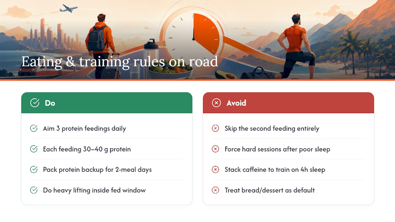 Nutrition and training on the road: protein, workouts, and social meals — overview diagram
