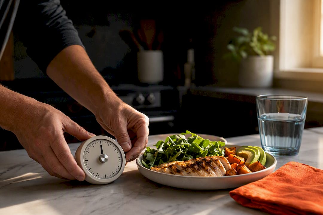 Hands setting a fasting window timer