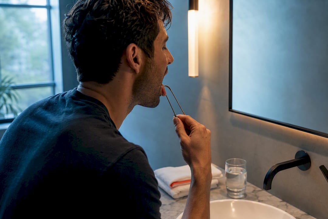 Professional cleaning tongue before fasting