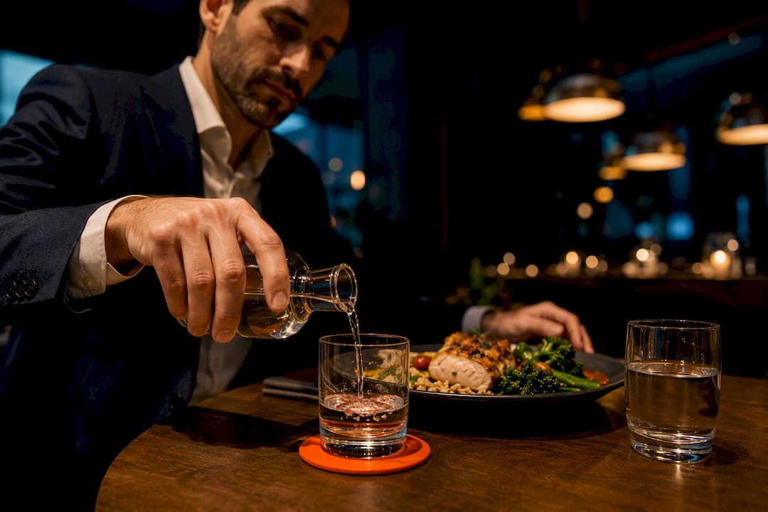 Drink served beside a balanced evening meal