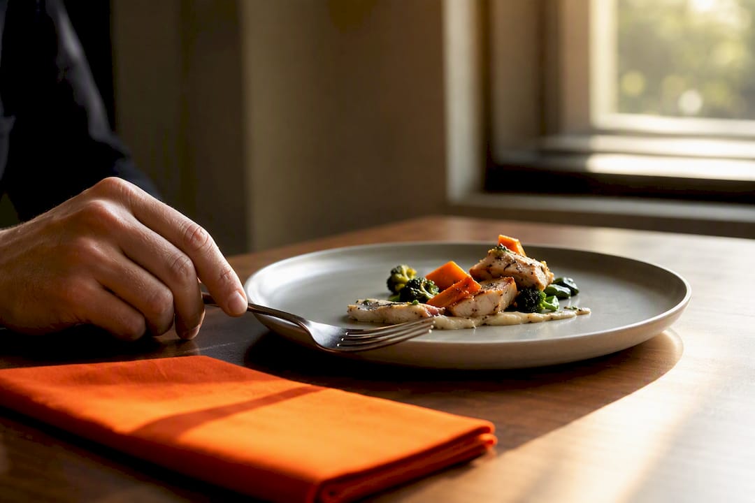 Fork paused beside a small mindful meal