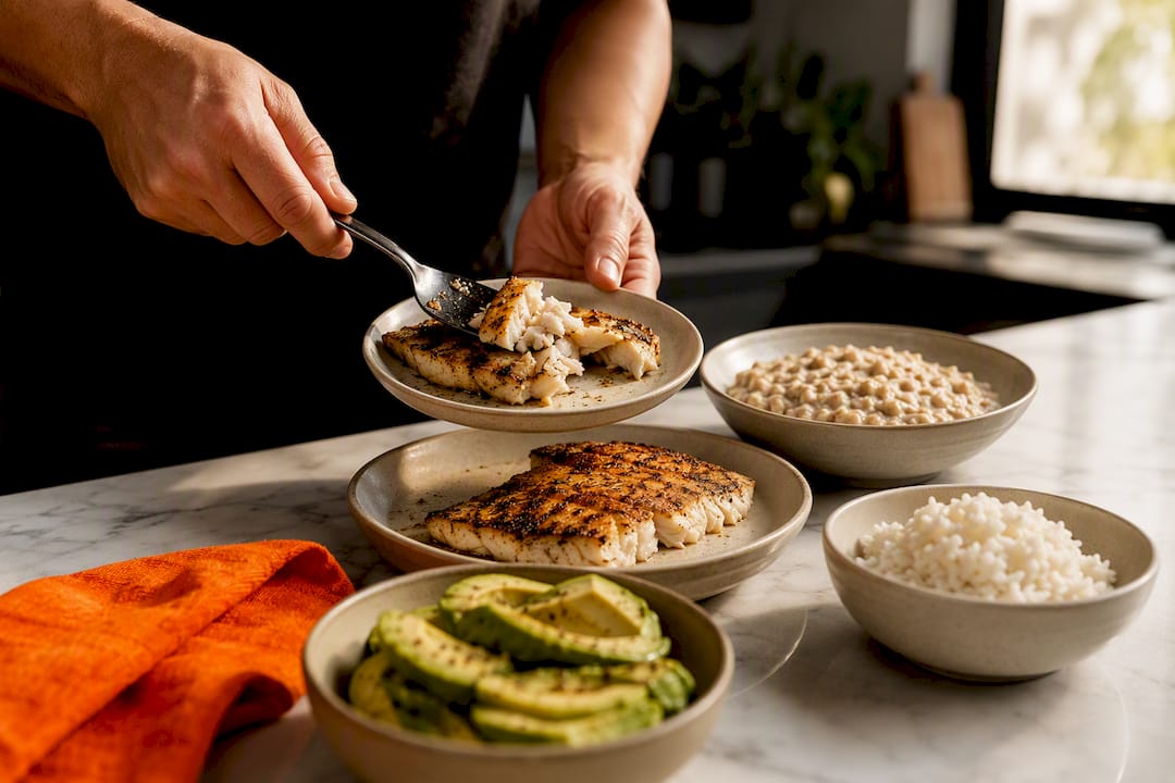 Hands portioning a balanced post-fast meal