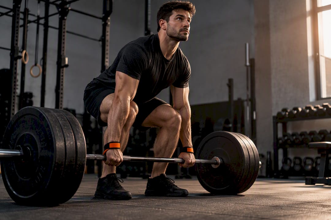 Athlete performing controlled barbell deadlift