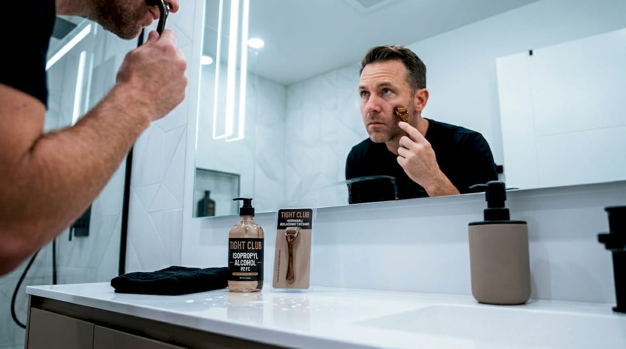 Man uses microneedling roller at bathroom sink