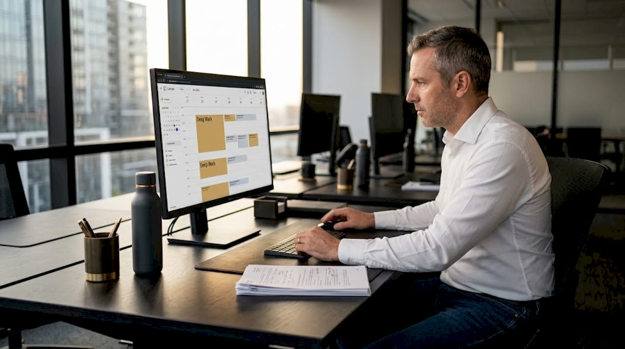 Man reviews deep work blocks in office