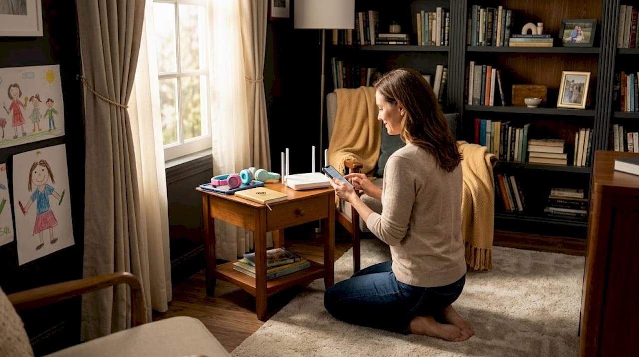 Parent setting up home router digital filter