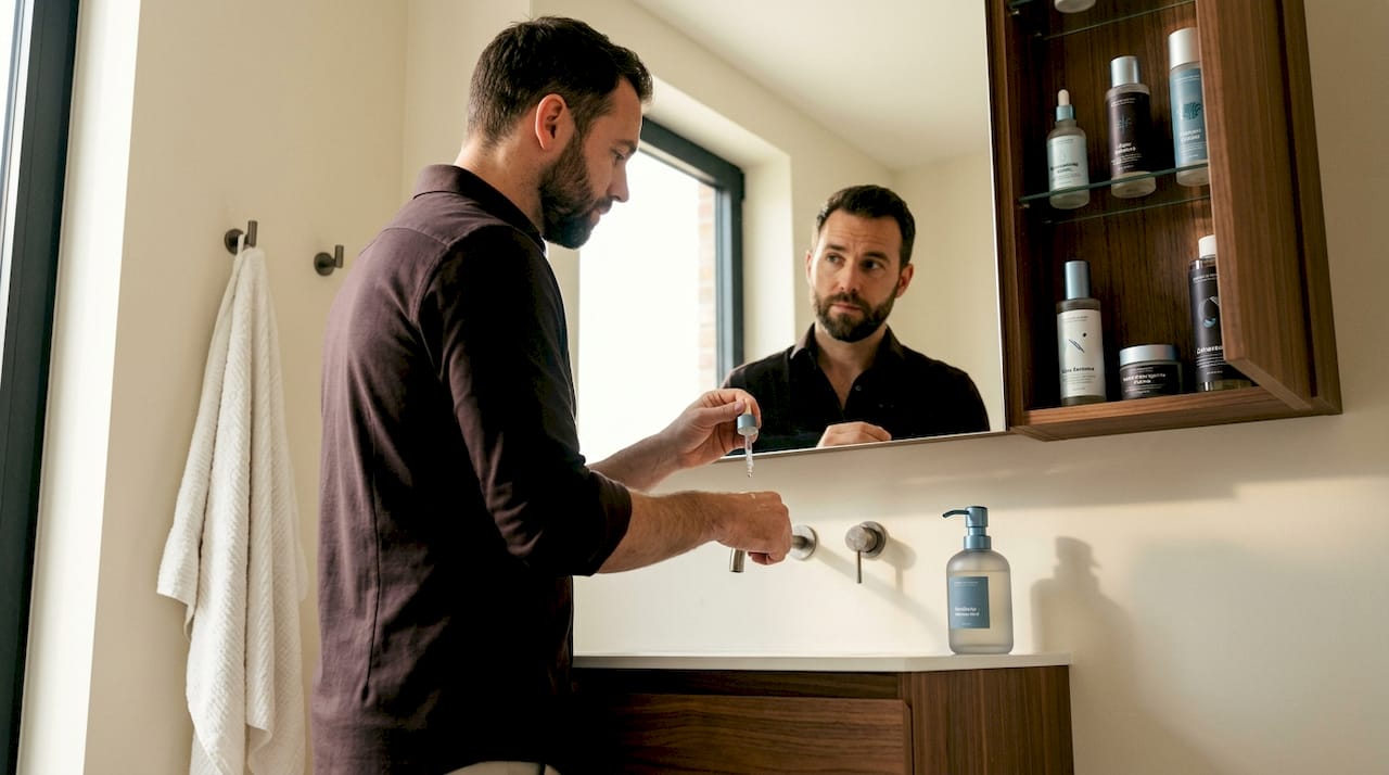 Man brengt niacinamide-serum aan in de badkamer
