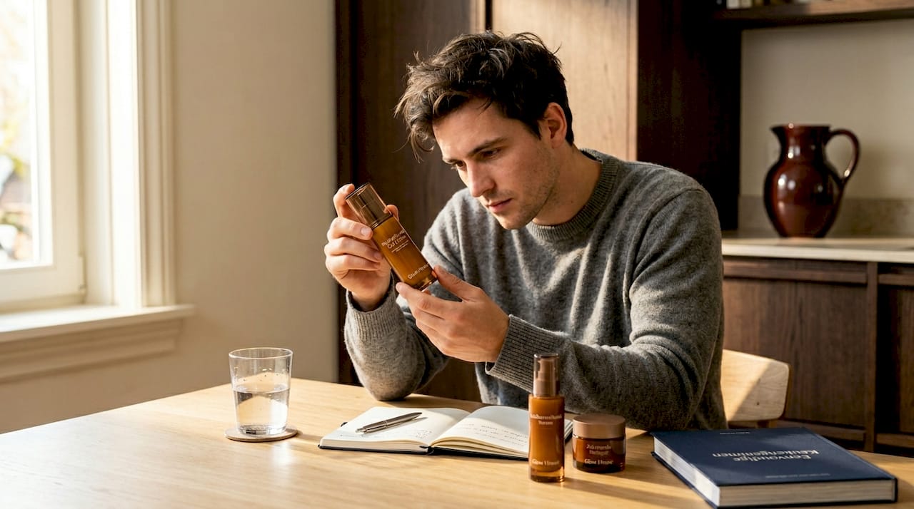 Een man zit aan de keukentafel en bekijkt aandachtig een huidverzorgingsproduct.