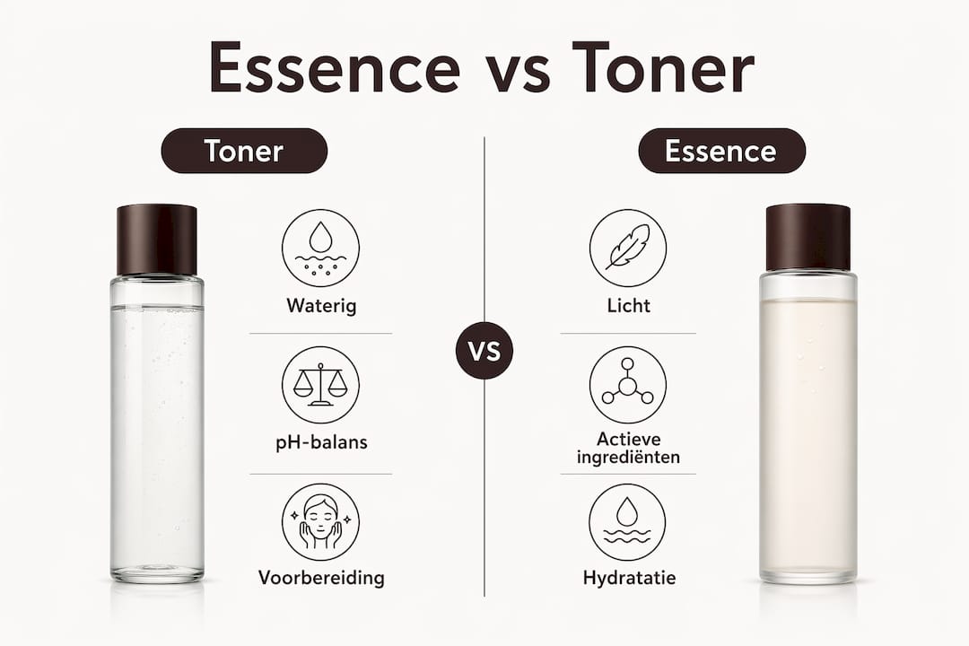 Overzichtelijke infographic die het verschil tussen een essence en een toner uitlegt.