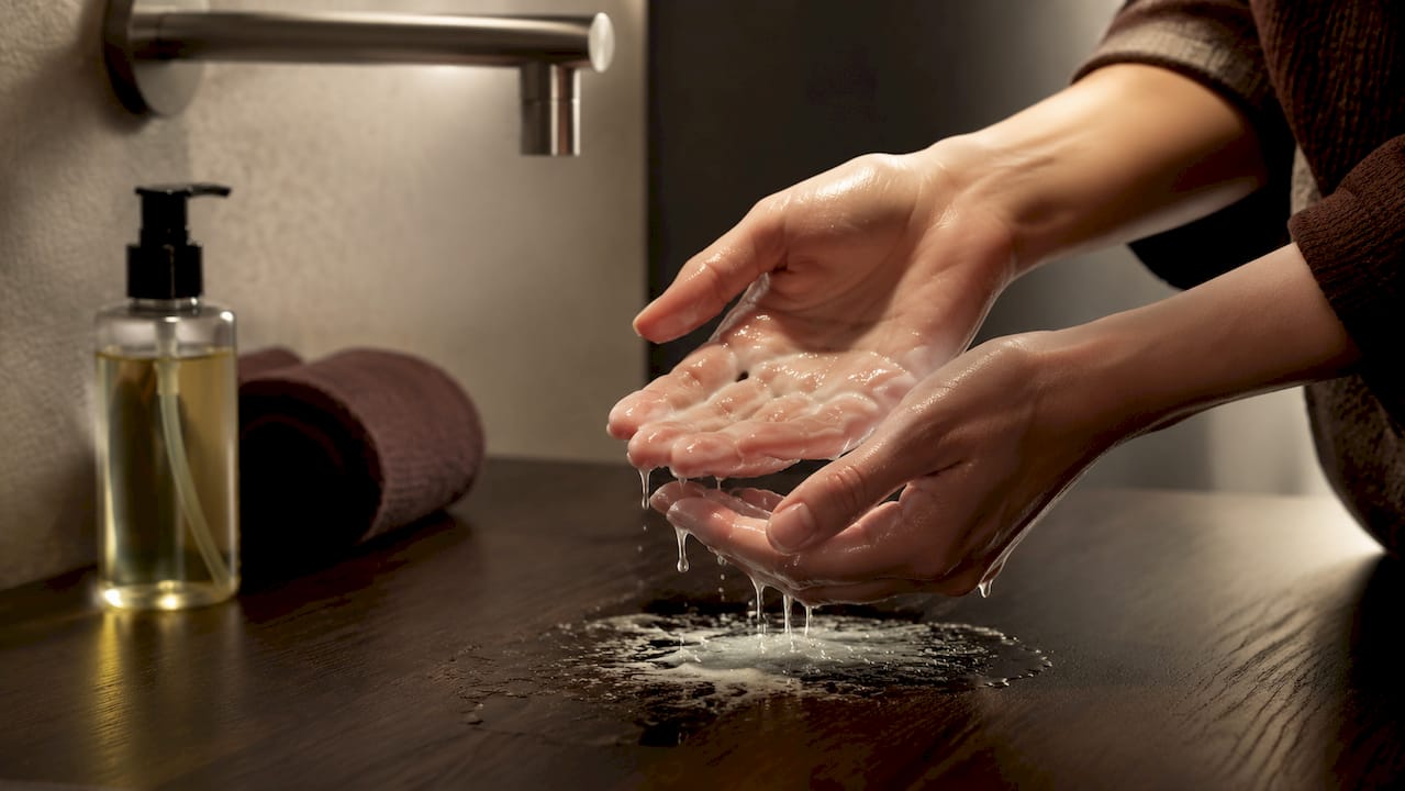 Wrijf de oliecleanser tussen je handen en meng het met een beetje water tot het een melkachtige substantie wordt.