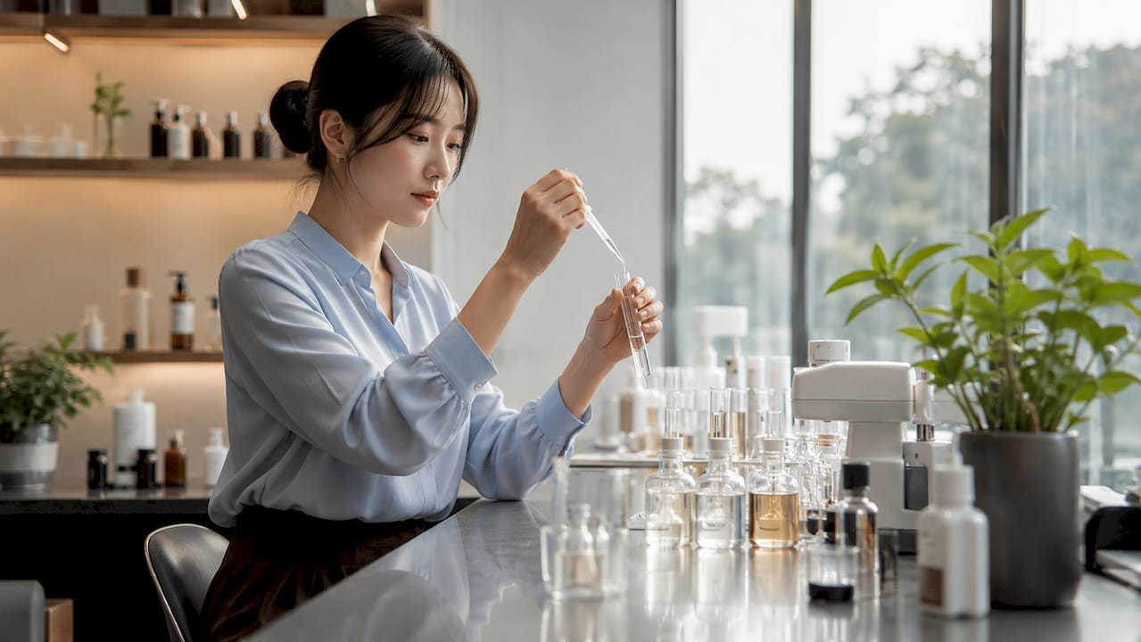 In het laboratorium onderzoekt een laborant cosmetische ingrediënten op hun werking en veiligheid.