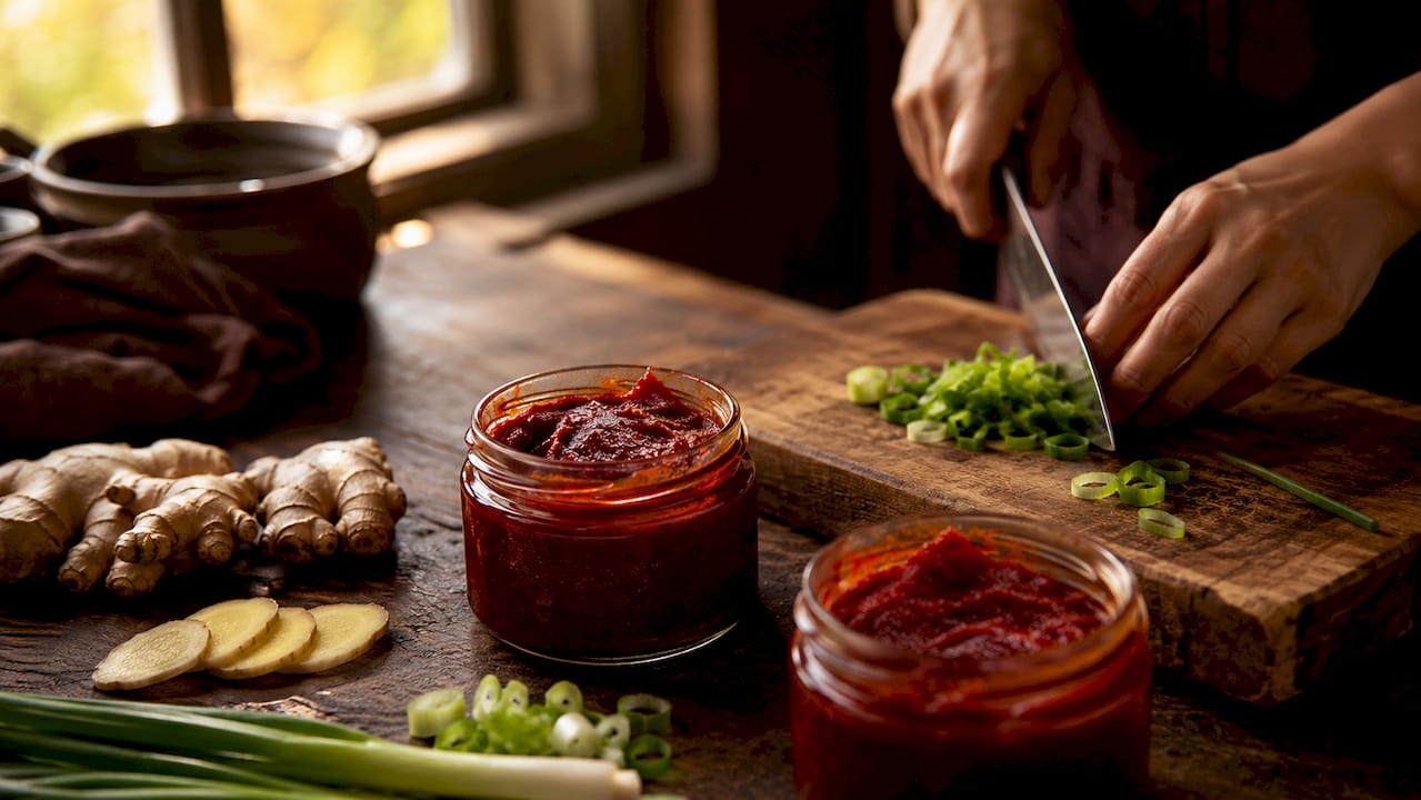 Close-up van een pot gochujang chilipasta met de bijbehorende ingrediënten eromheen