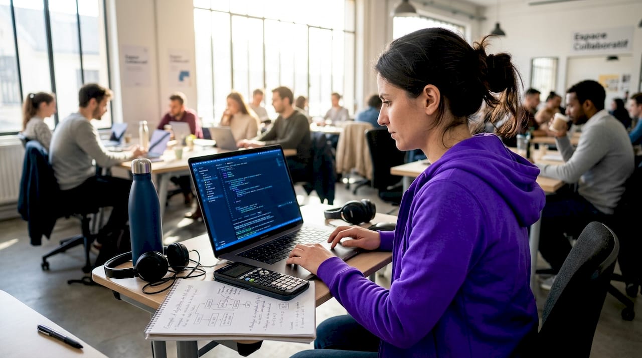 Un ingénieur passe en revue du code Python dans un espace de coworking, concentré sur l’optimisation et la qualité du projet.