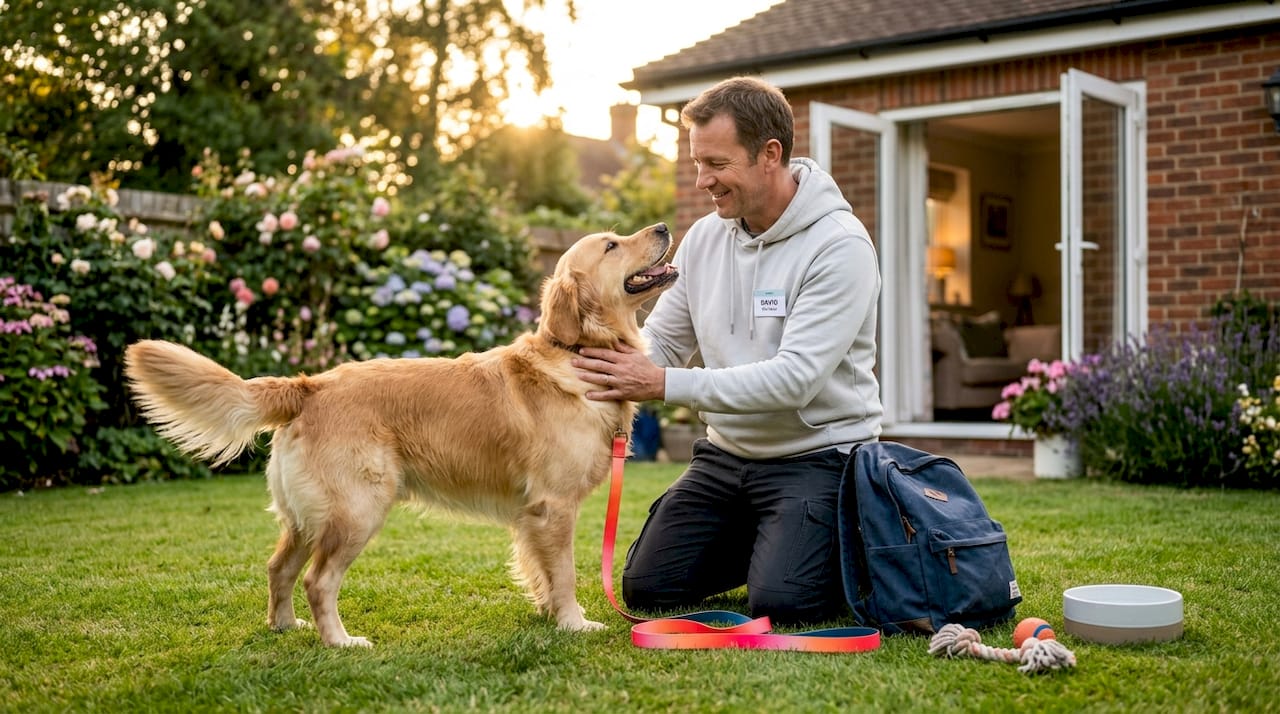 Pet sitter greeting dog in home entryway