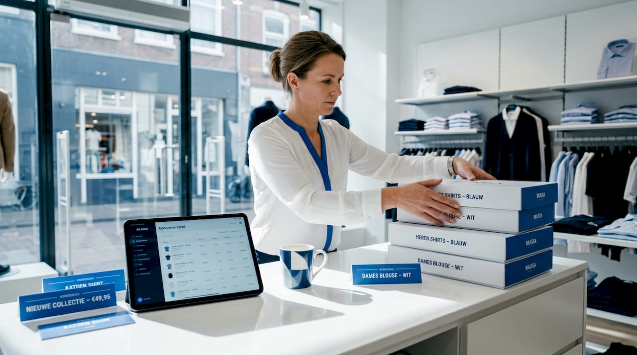 Filiaalmanager legt T-shirts gesorteerd klaar voor de stapelkorting.