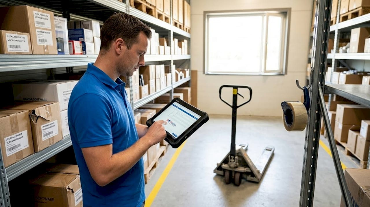 Magazijnmedewerkers controleren de voorraad met een tablet.