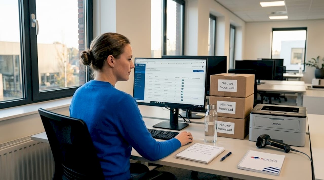 De filiaalmanager werkt de voorraadadministratie bij.