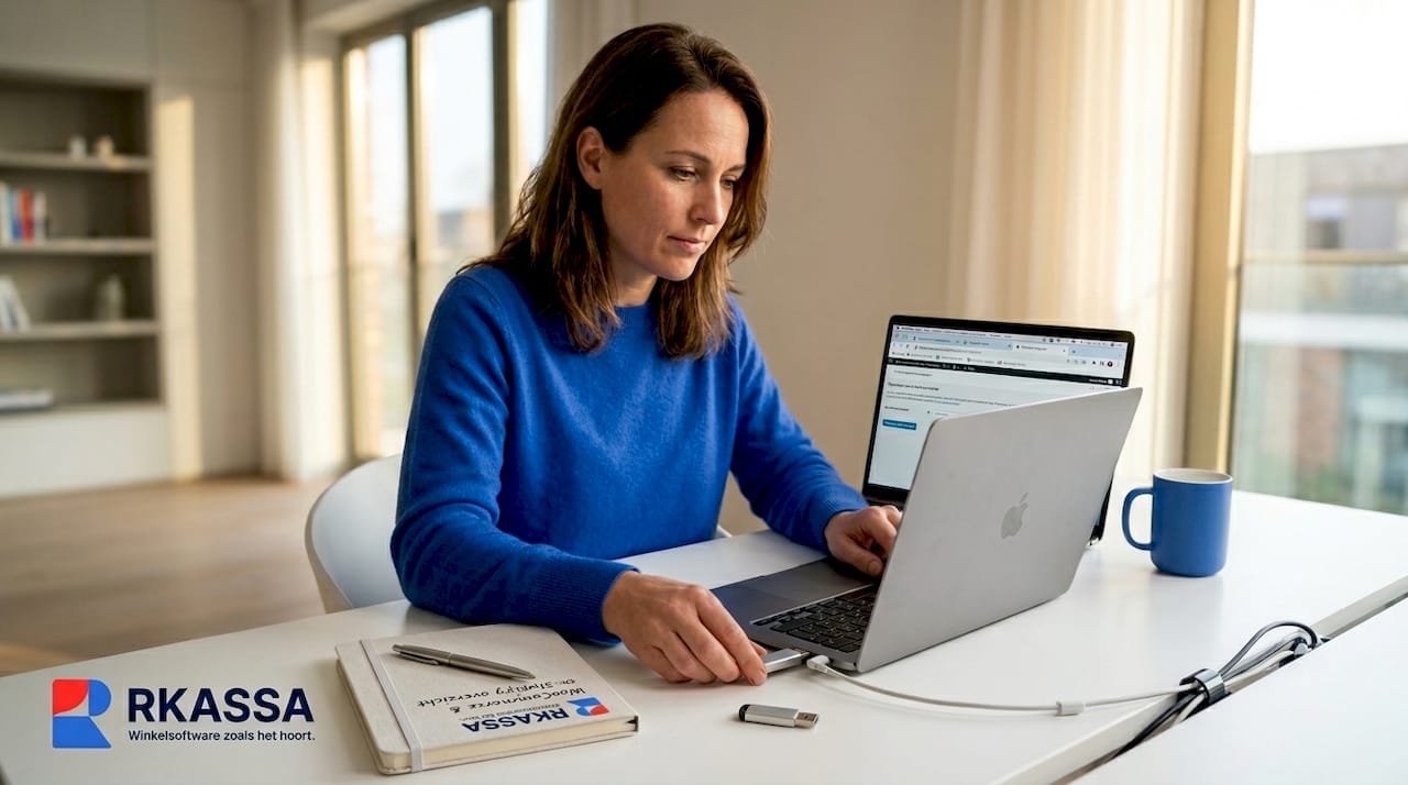 Vrouw werkt thuis aan het instellen van een webshopplugin