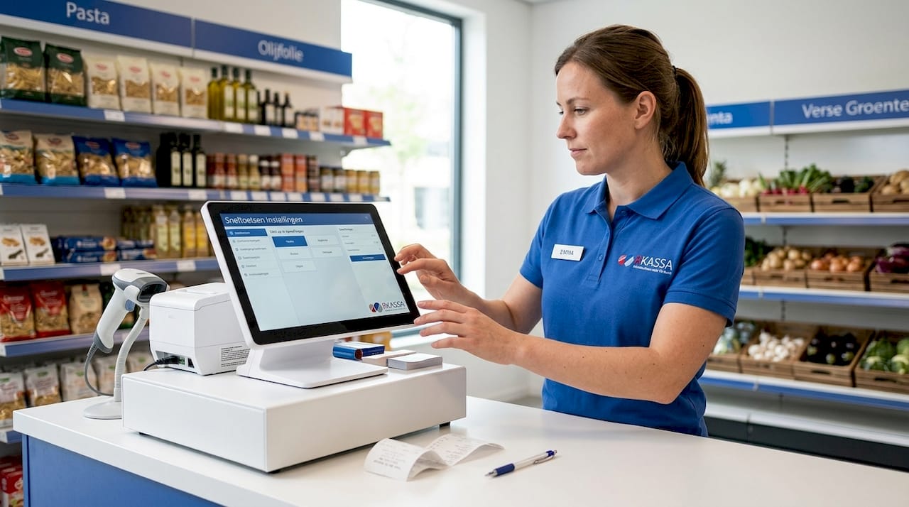 Medewerker richt sneltoetsen in op het kassasysteem