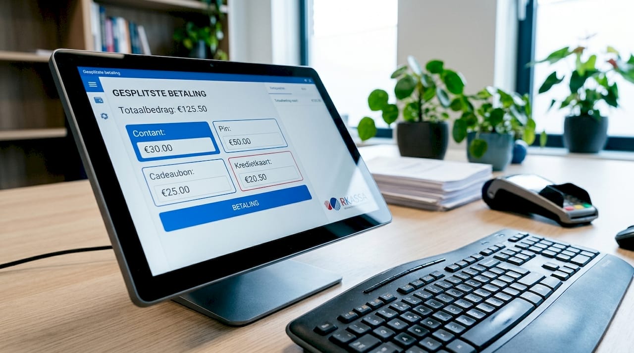 Detailopname van het kassascherm waarop de optie voor gesplitste betaling zichtbaar is
