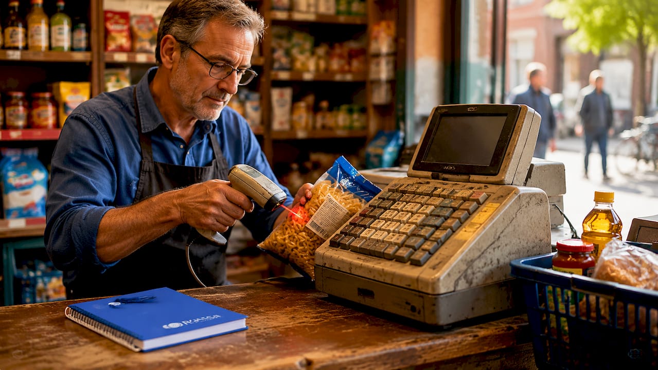 Een kassamedewerker scant boodschappen met verouderde apparatuur.