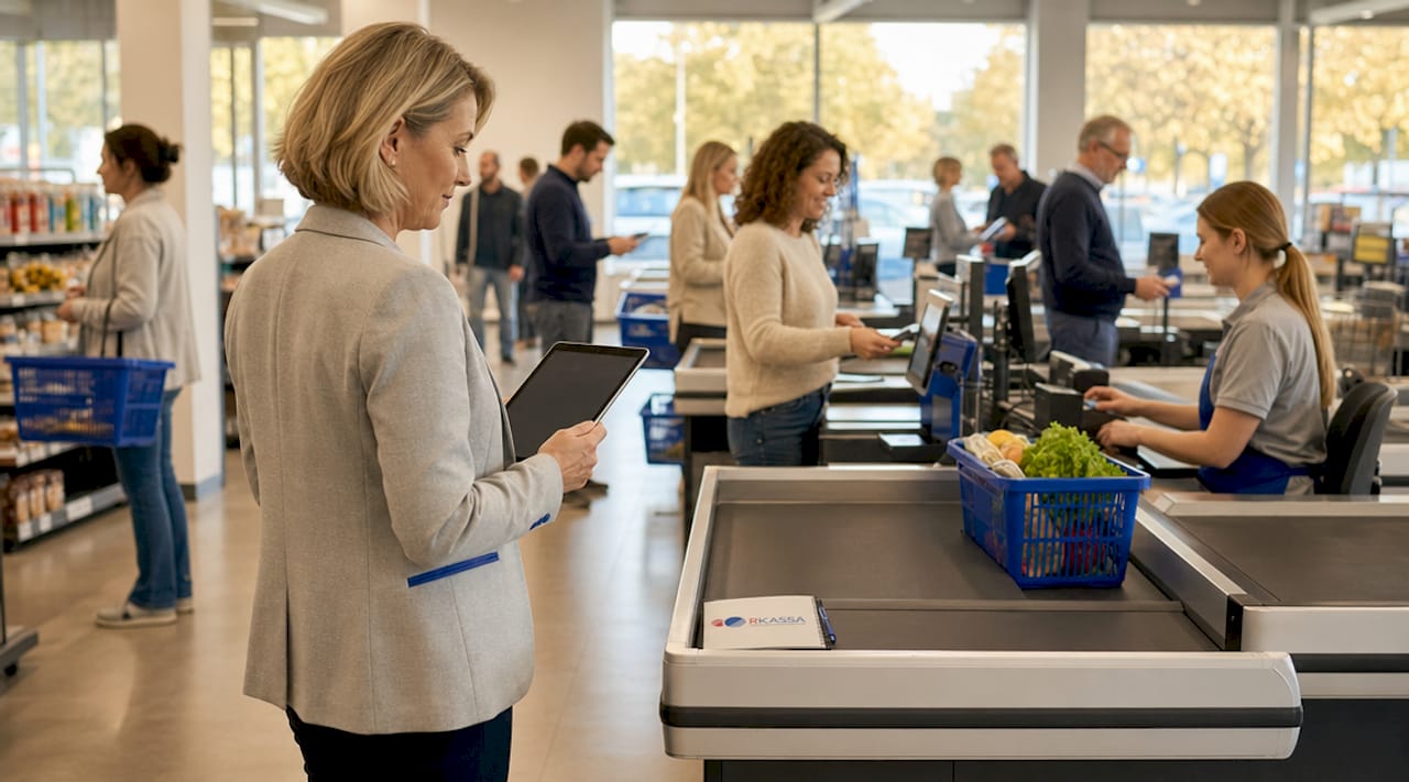 De filiaalmanager houdt een oogje in het zeil bij de kassa’s om te zorgen dat alles soepel verloopt.
