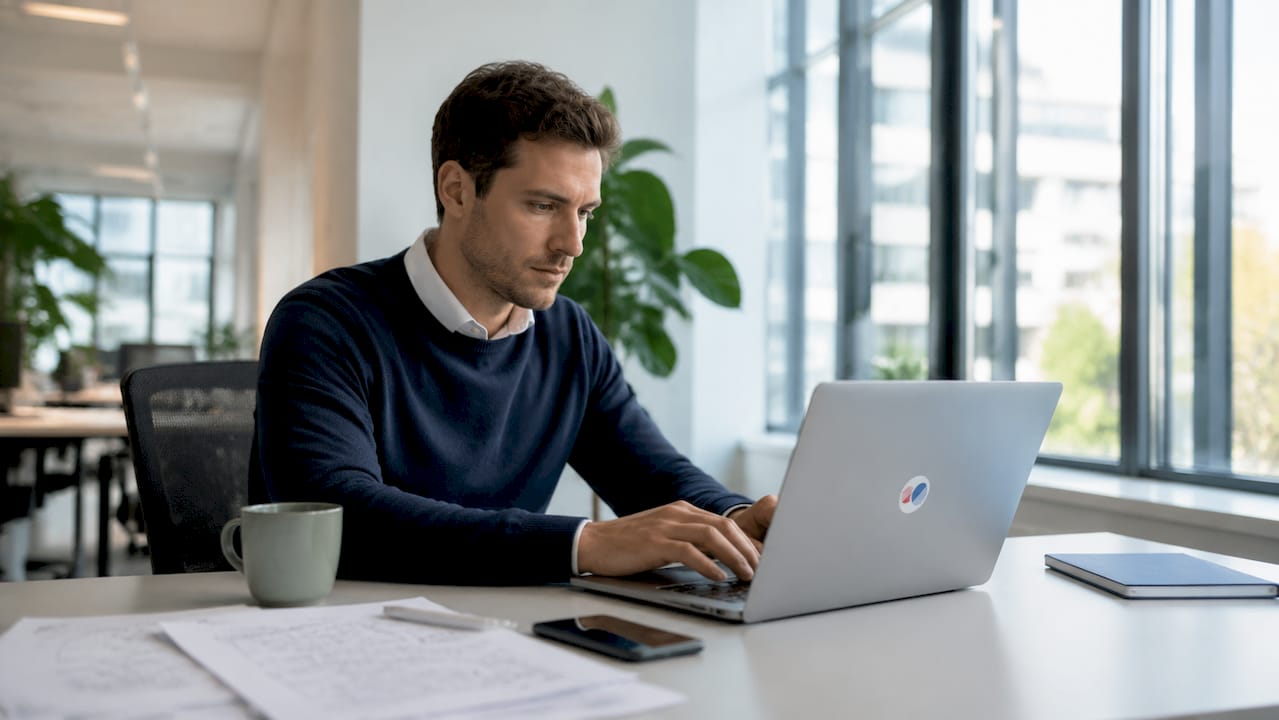 Een ontwikkelaar werkt geconcentreerd aan API-code achter zijn bureau.