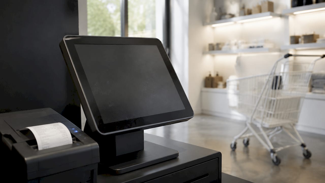 Zijaanzicht van het digitale klantendisplay bij de kassa