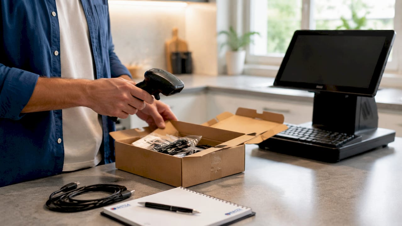 Een medewerker houdt een barcode scanner en werkt met het kassasysteem.