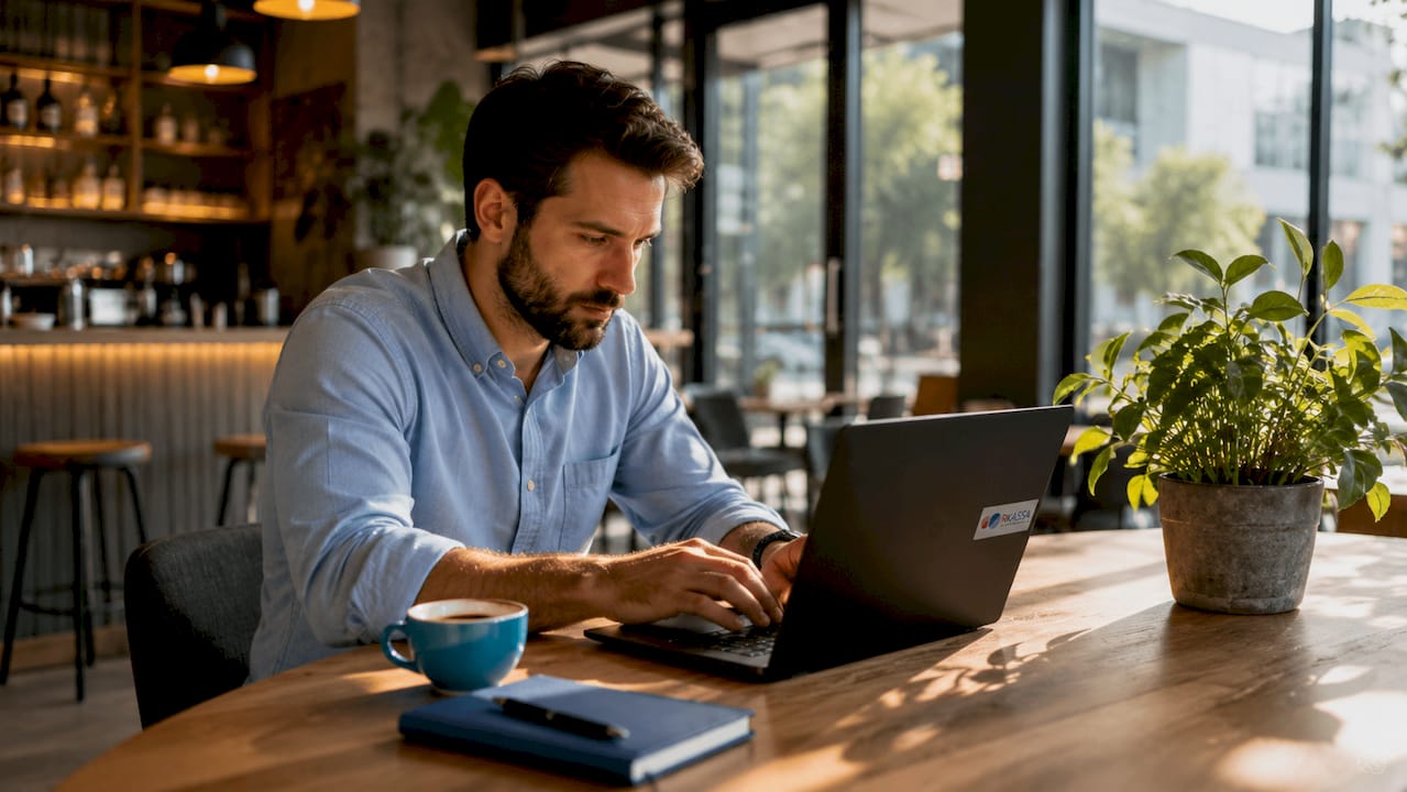 Iemand zit achter zijn laptop en maakt gebruik van digitale hulpmiddelen om aangifte te doen.