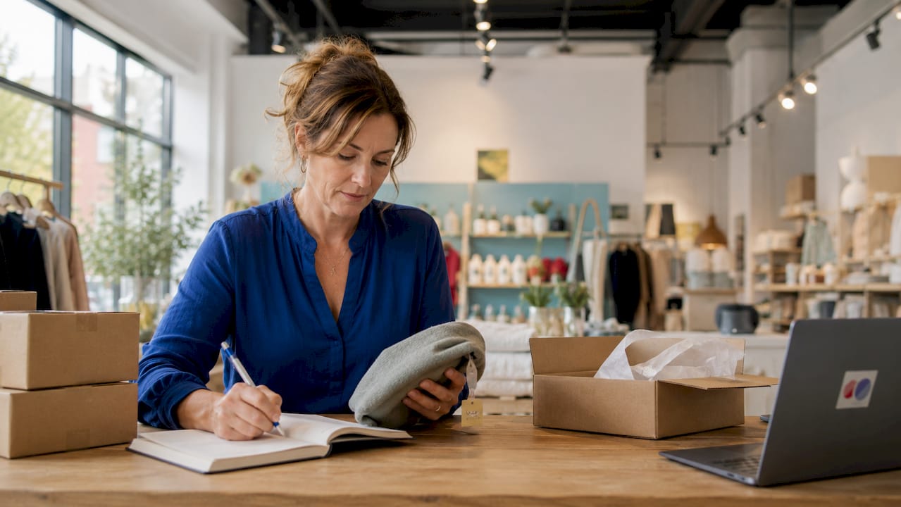 Een filiaalmanager helpt een klant bij het retourneren van een online bestelling aan de balie.