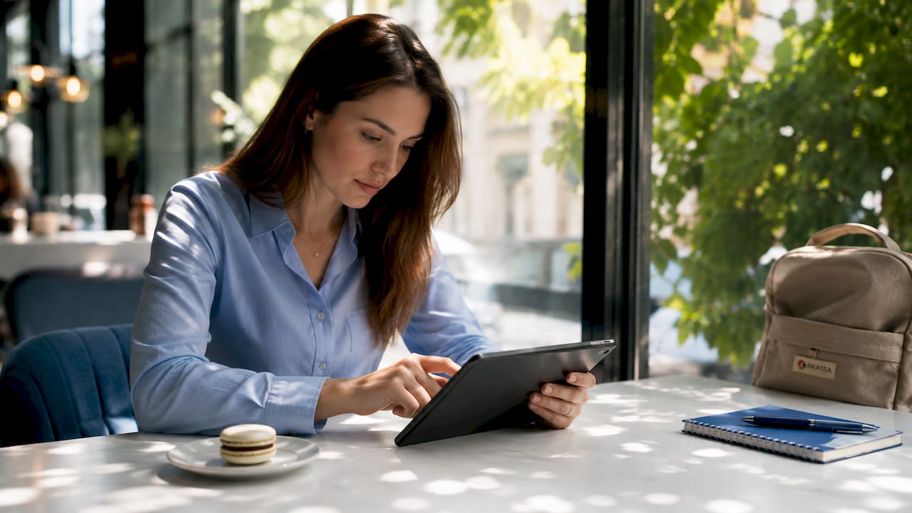 Iemand bladert met zijn handen door productinformatie op een tablet.
