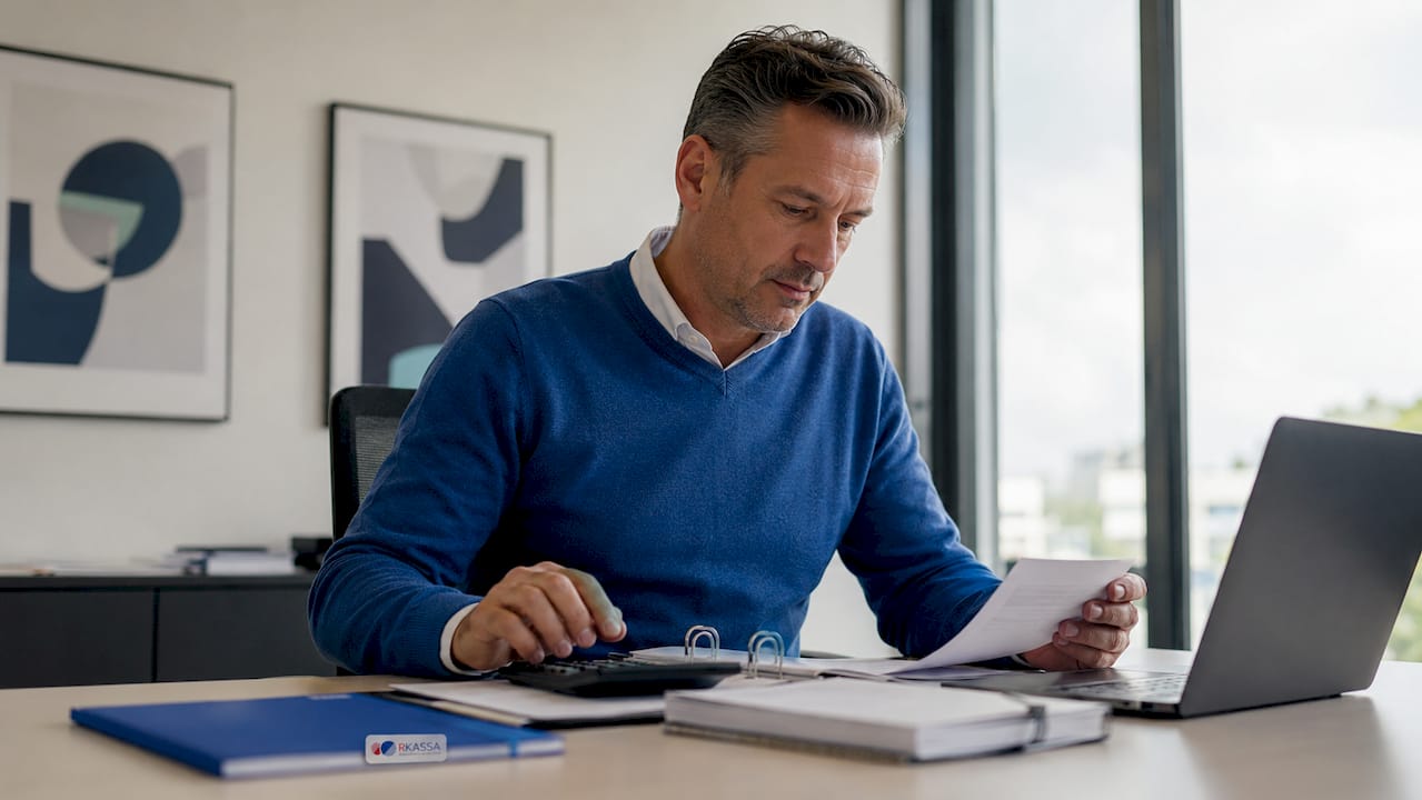 Een filiaalmanager bekijkt de voorraadlijsten op zijn bureau om te controleren of alles klopt.