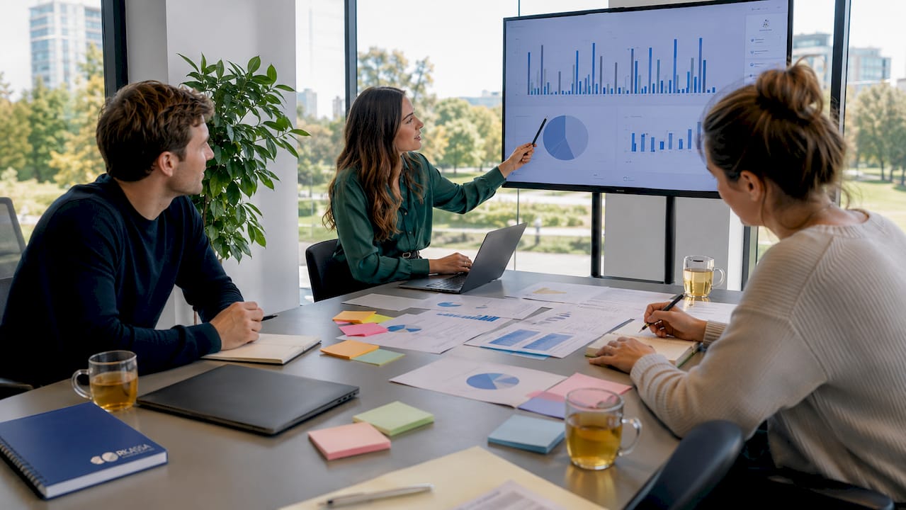 Het team zit samen om de ABC-analyse van de voorraad te bespreken tijdens een overleg.