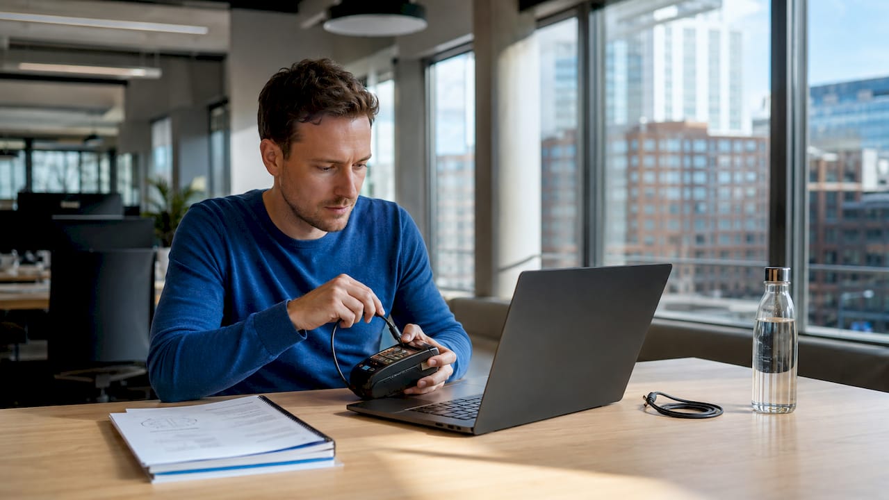 Een IT-expert is bezig met het koppelen van het kassasysteem aan andere software.