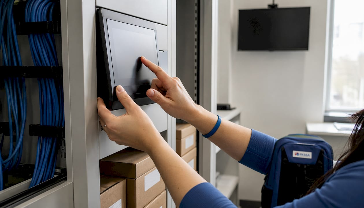 Handen bedienen een geautomatiseerd systeem voor voorraadbeheer
