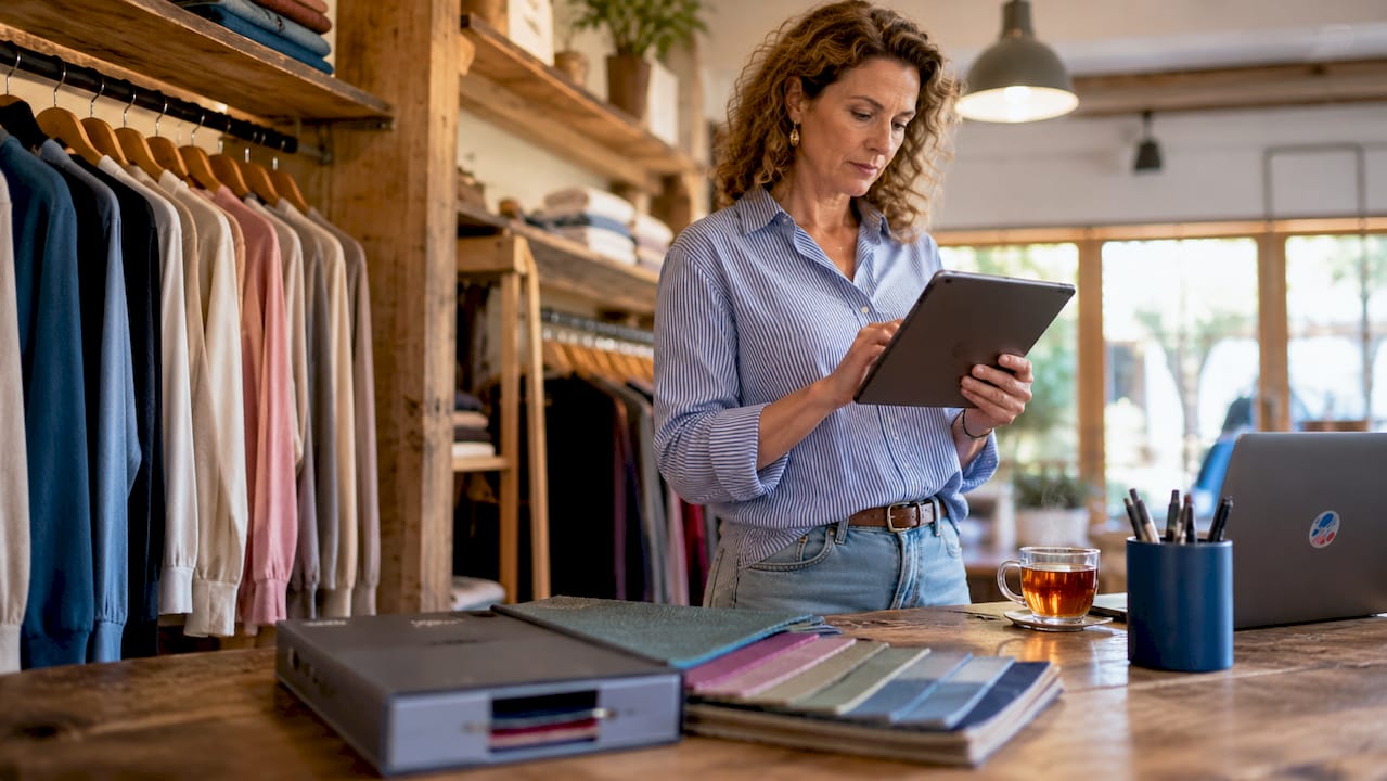 Een winkeleigenaar die in zijn gezellige zaak met een tablet werkt, bijvoorbeeld om de voorraad te checken of bestellingen te verwerken.