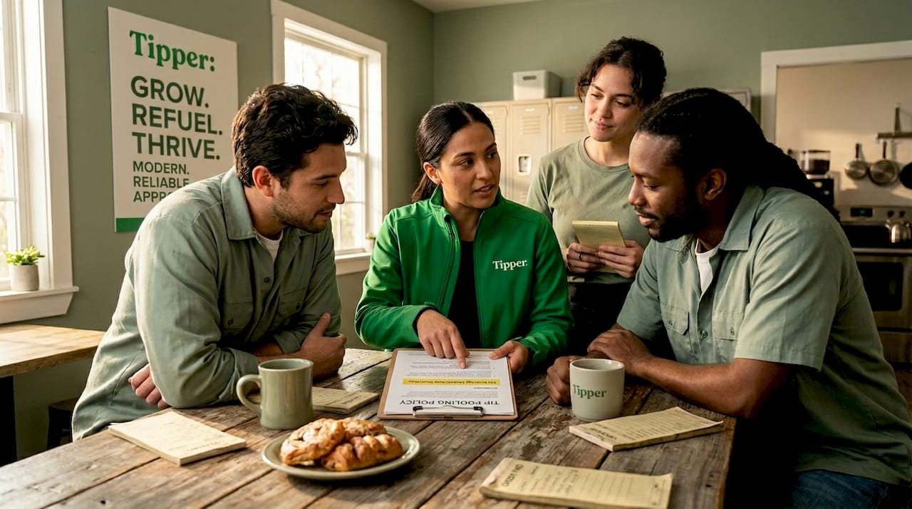 Restaurant staff discussing tip pooling paperwork