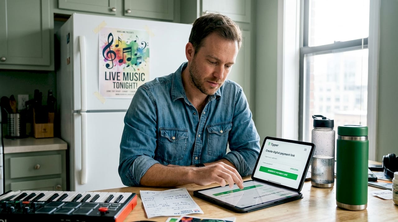 Musician setting up digital tip jar payment